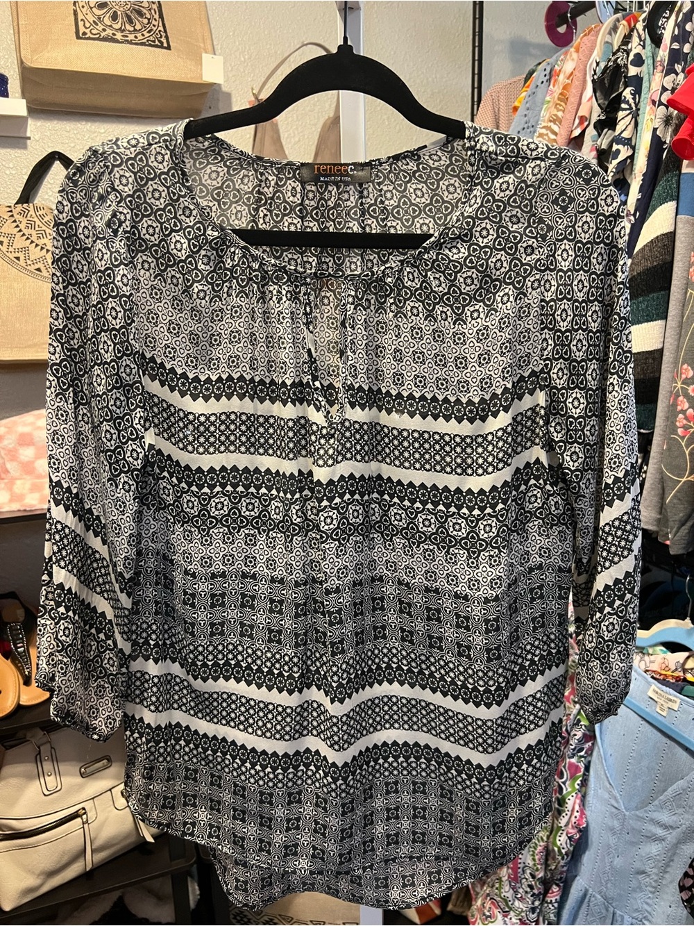 Renee C. Black and White Geometric Peasant Blouse